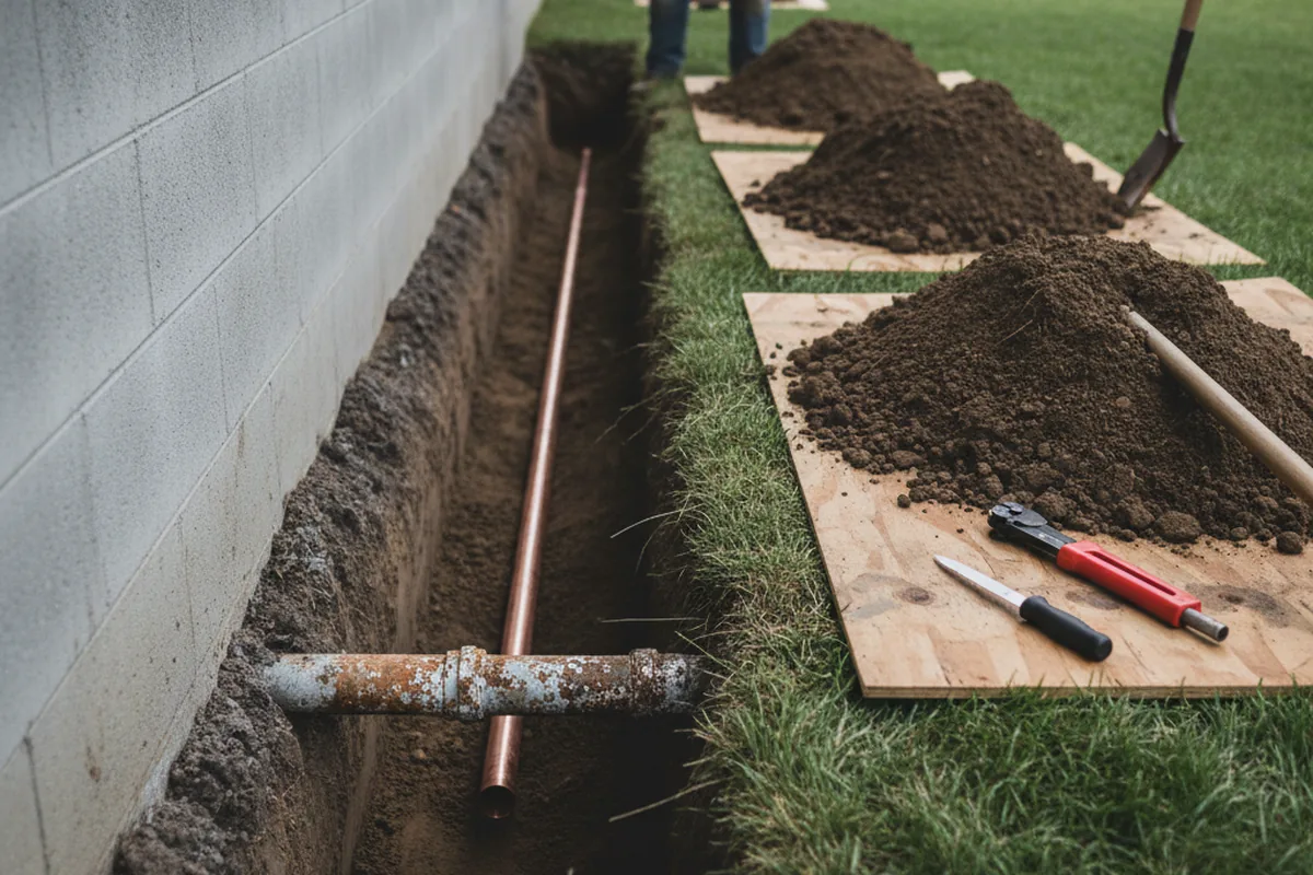 Excavated water line trench during Sewer Line Repair in Killeen